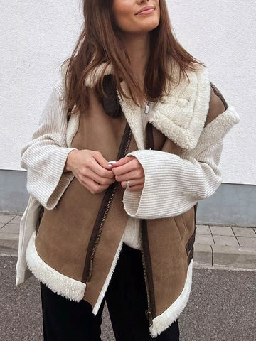 Airchics court manteau molleton fermeture éclair avec poches ceinture col revers sans manches femme mode